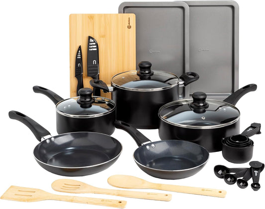 Easy Clean Ceramic Nonstick Cookware Set, Dishwasher Safe Kitchen Pots and Pans Set, Comfort Grip Handle, Even Heating, Ultimate Food Release, 26-Piece, Black